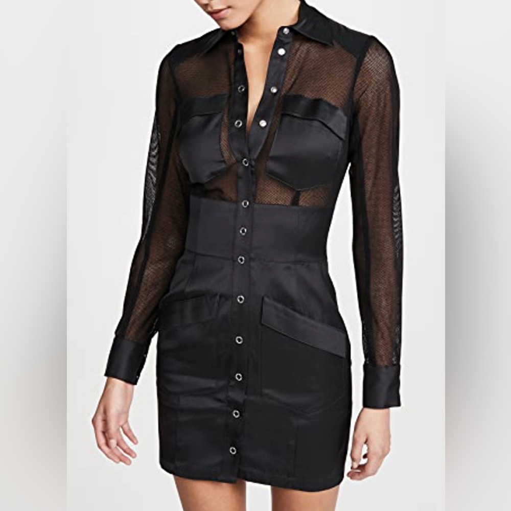Fleur Du Mal Paneled Twill And Mesh Mini Shirt Dress In Black Long Sleeve